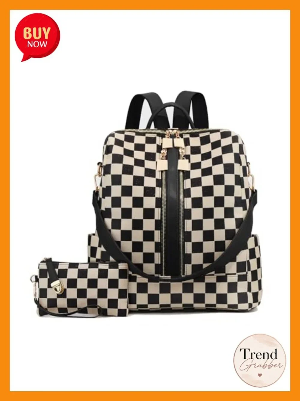 Checkered Fashion Backpack with Detachable Wallet, Canvas & Faux Leather,